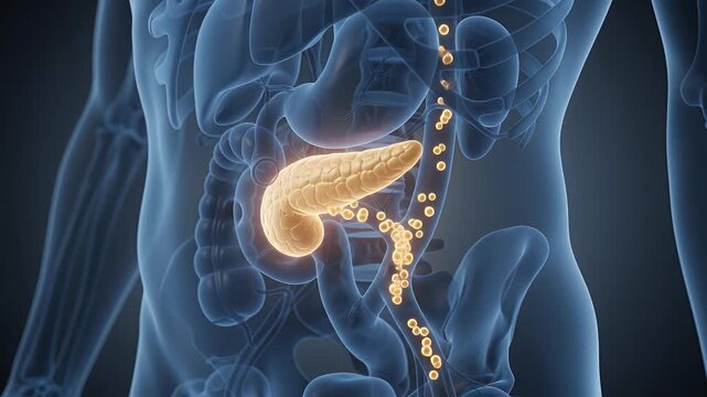 human pancreas organ in translucent body, medical diagram showing digestive system, healthcare and biology concept