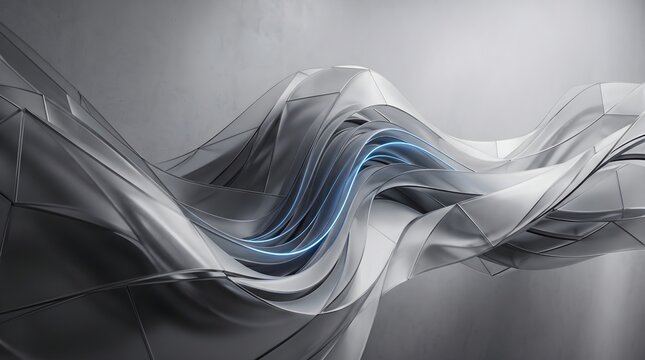 Futuristic abstract silver wave structure with flowing geometric curves and glowing blue neon lines, creating a sleek high-tech background for modern digital designs.