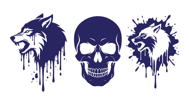 Dark blue silhouettes of a wolf head and a human skull with heavy dripping paint and liquid splash effects isolated on a white background