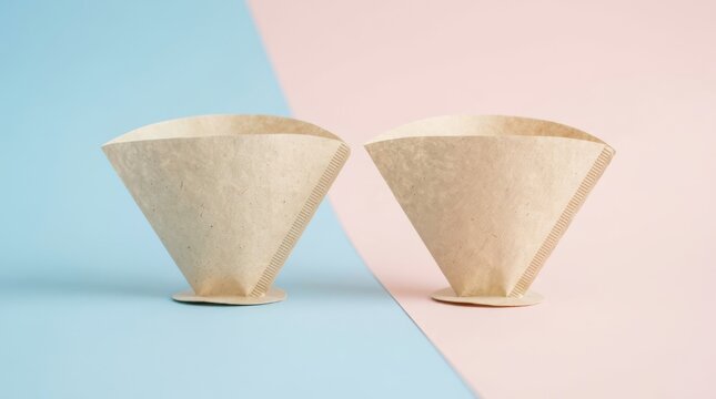Two empty brown paper coffee filters standing upright on a split blue and pink background