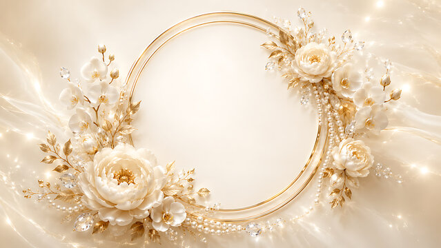 An elegant golden circular frame adorned with white flowers and pearls against a soft.