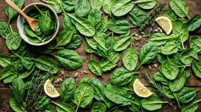 Fresh baby spinach leaves with lemon slices and herbs on rustic wooden background.