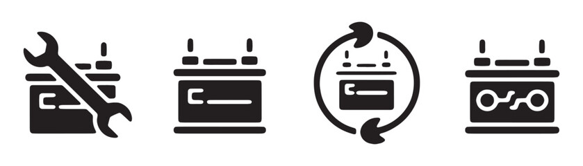 Obraz premium Professional car battery maintenance and recycling icons featuring wrench and circular arrow signs.