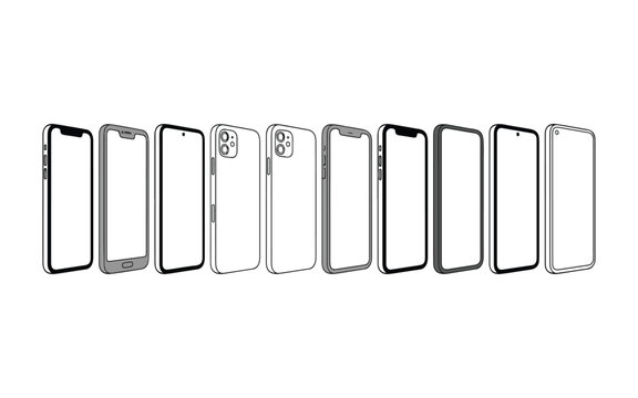 Set of ten different smartphone outlines showing various mobile phone designs isolated on a clean white background