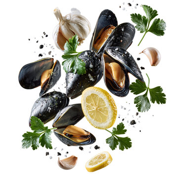 Chilean mussels Mytilus chilensis L displayed with garlic, lemon, and parsley in a floating arrangement