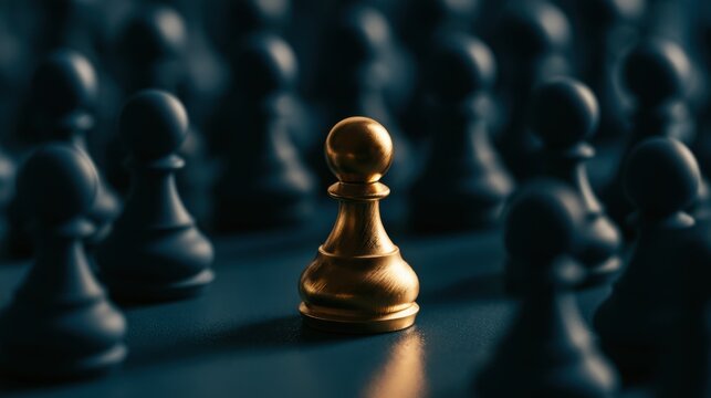 Single shiny golden pawn standing out among multiple dark black pawns on reflective surface symbolizing leadership uniqueness and distinct identity