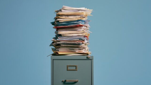 High stack of disorganized paper sheets on top of small grey metal storage cabinet against plain blue background symbolizing overwhelming paperwork and office clutter
