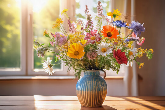 Eine bunte Blumenvase mit Wildblumen steht auf einem Holztisch. Sonnenlicht f&auml;llt durch ein nahes Fenster. Die Bl&uuml;ten sind frisch, farbenfroh und leicht vom Licht durchleuchtet