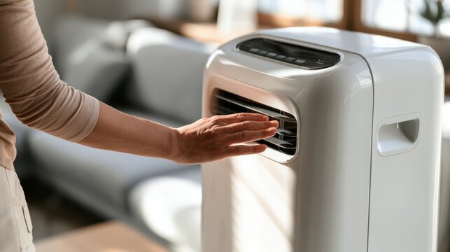 Woman hand adjusting modern portable air conditioner unit at home for cooling and fresh air circulation in living room interior environment during warm season or heat wave