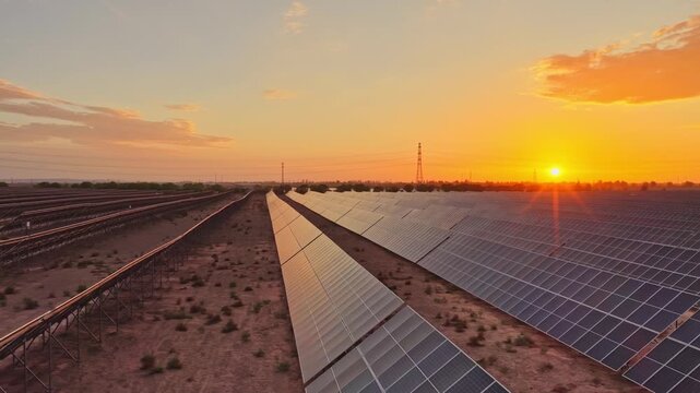 Solar photovoltaic panels at sunrise/sunset; wind turbine power plant; new energy