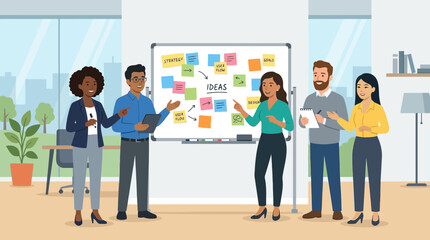 Obraz premium A diverse business team engages in a close group huddle, intensely discussing project details and ideas in a dynamic flat design illustration.