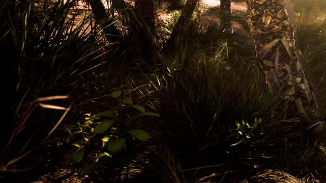 Sunlight shines through trees in a forest setting. Various plants and grasses cover the ground. The scene shows a mix of shadows and light among the greenery.