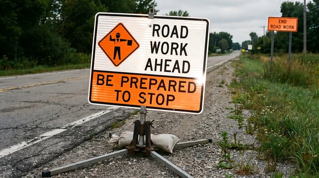 A road work ahead sign with 'BE PREPARED TO STOP' warning drivers, set up on the side of a rural highway under an overcast sky.