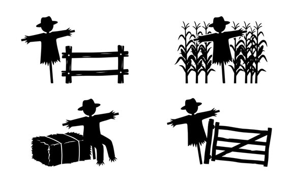 Collection of farm themed illustrations featuring scarecrows and rural elements in a classic black silhouette