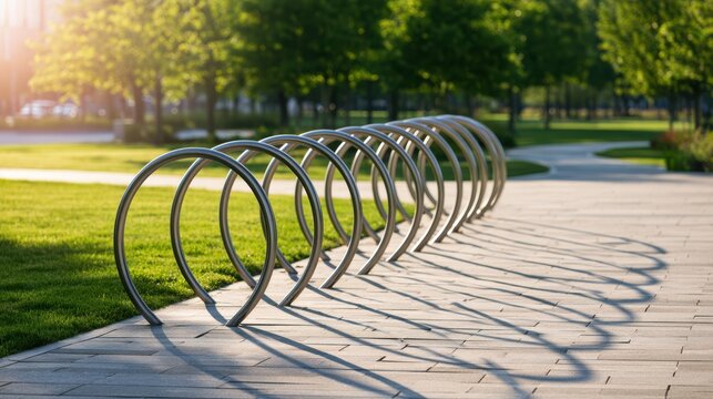 A modern metal bike rack casts elongated shadows on a paved path in a sunny, green park during late afternoon.