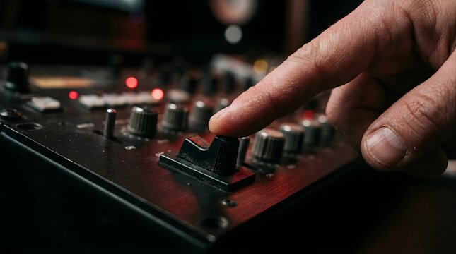 Sound engineer adjusting audio mixer fader in a professional music studio