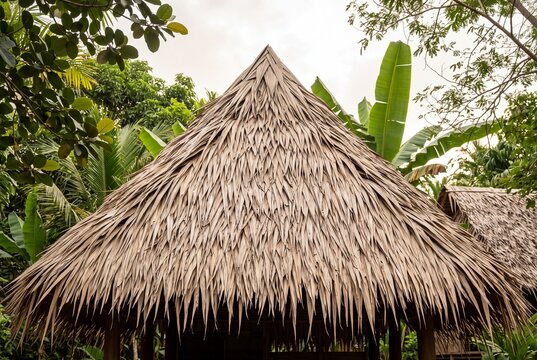 Traditional thatched roof of a tropical hut surrounded by lush green palm trees and foliage