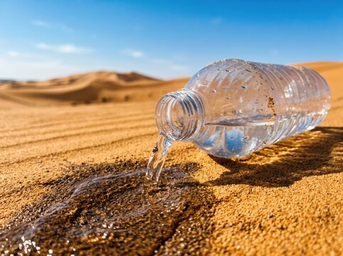 Plastic Bottle Pouring Water onto Dry Desert Sand