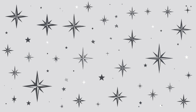 Abstract Seamless Pattern Featuring Stylized Celestial Stars and Decorative Night Sky Elements in Monochromatic Gray Tones