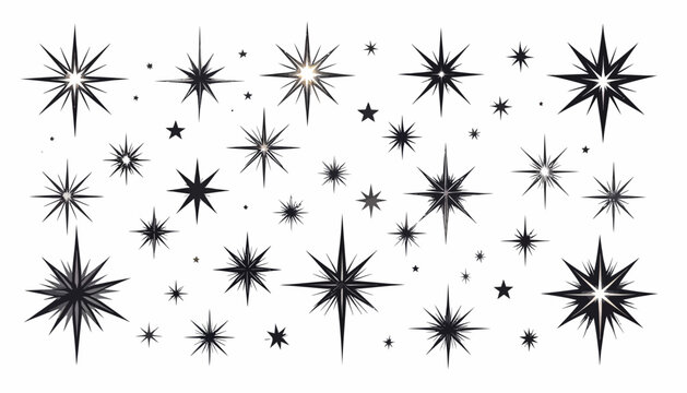 A collection of sparkling starburst and star shapes in various sizes and styles, rendered in a monochromatic palette