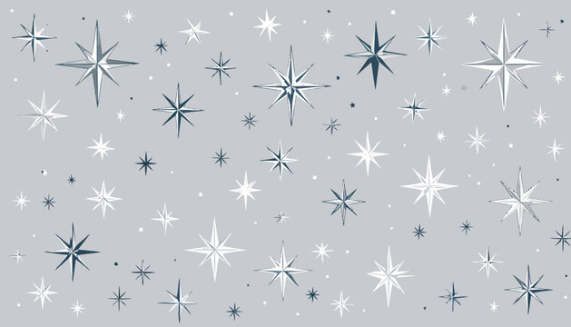 A charming pattern of sparkling stars and starbursts in various sizes, featuring cool tones of white, blue, and gray, creating a festive celestial background design