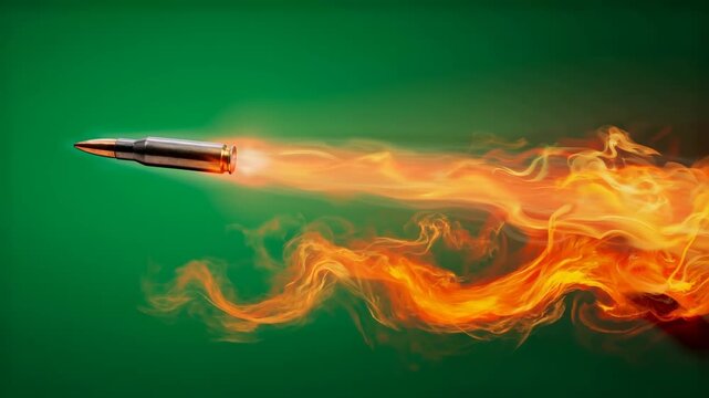 Bullet Propelled Through Air with Fiery Trail Against Solid Green Background Cinematic High Speed Motion