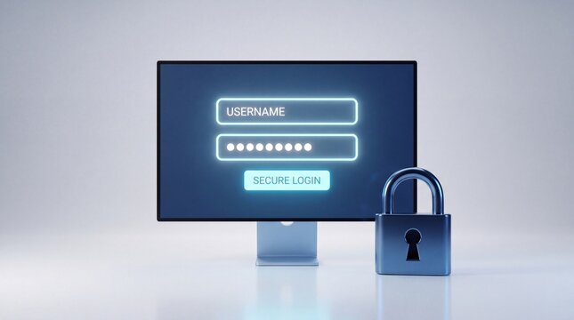 Computer monitor displaying a secure login screen with a metal padlock standing on a surface with glowing padlock positioned monitor displays digital interface blue glowing