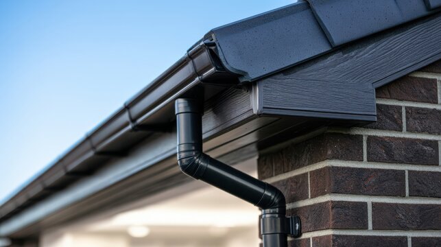A close-up of a modern house's black rain gutter and downspout system attached to a brick exterior under a clear blue sky.