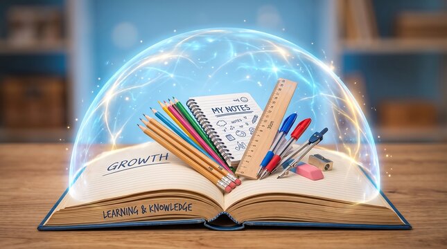 Magic Glass Dome Covering School Supplies Emerging from Open Book, Educational Growth Concept, Classroom Study Equipment, Floating Gear, Modern Learning Visuals