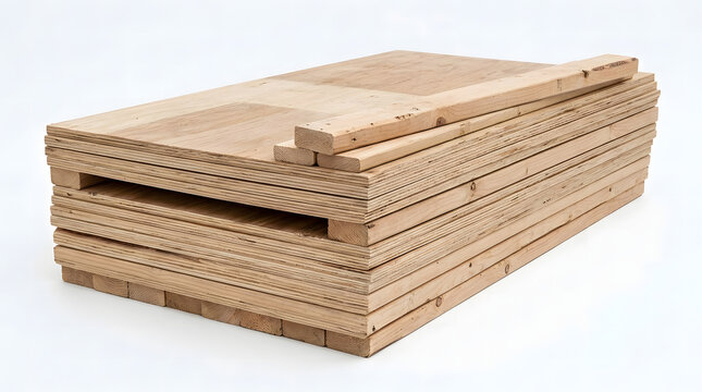 Stack of plywood sheets with wooden planks for construction and woodworking.