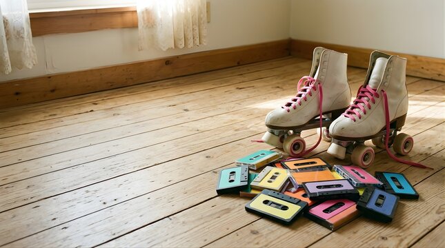 Vintage roller skates and colorful cassette tapes on a wooden floor