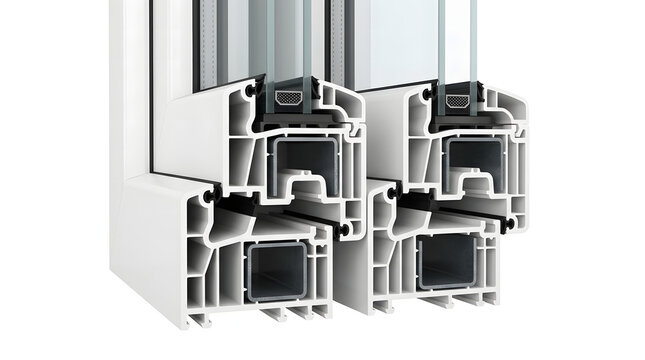 Double glazed white pvc window profile cross section provides modern building insulation.