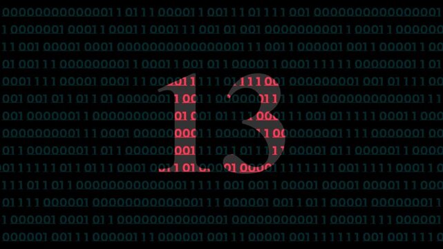 Digital number 13 countdown with red binary code background, for tech and, cyber security concepts thirteen