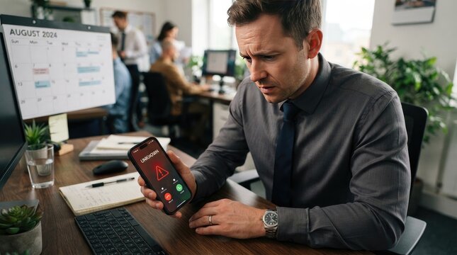 A concerned businessman sitting at his office desk holding a smartphone displaying an incoming call from an unknown number with a red warning alert icon