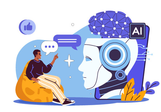 Vector illustration of AI therapy chatbot conversation with human user, digital assistant, neural network and mental health support concept