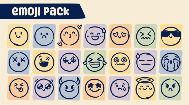 Vector illustration of colorful hand drawn facial expression icons showing different emotions and moods in a playful doodle style