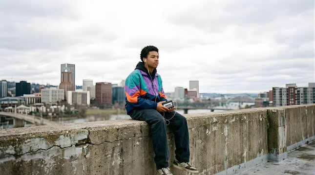Young man listening to music on vintage cassette player overlooking city