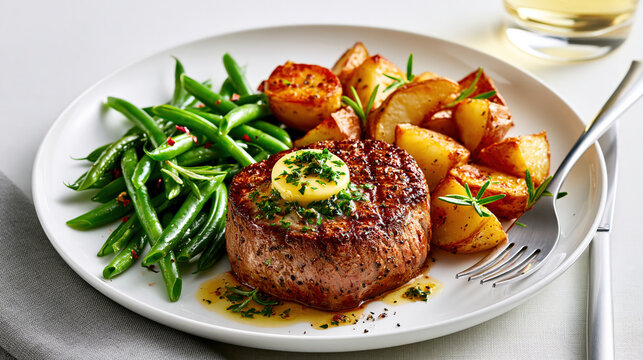 Grilled Filet Mignon with Roasted Potatoes and Green Beans Created with Generative AI Technology AI Generative