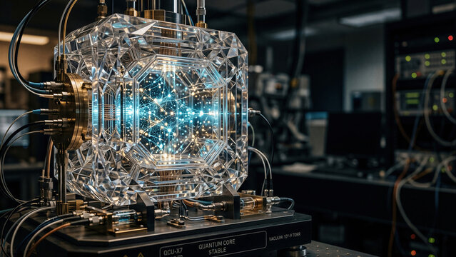 Quantum computer core with glowing neural network inside crystal cube in research laboratory. Artificial intelligence and advanced computing technology concept. Future innovation.