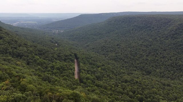 Aerial of winding dirt road through dense forest valley in Marion County Tennessee with rolling hills and deep valleys traversing the temperate deciduous forest