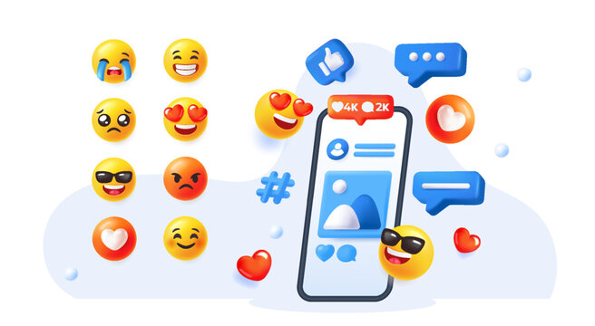 Vector illustration of 3D reaction faces, hearts, comments and smartphone interface representing online communication and social engagement