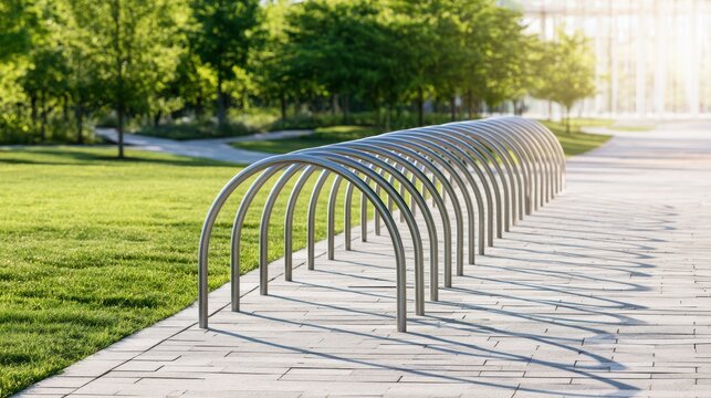 Modern outdoor bike rack in a park setting with paved walkway, green grass, and trees in the background bathed in natural sunlight.