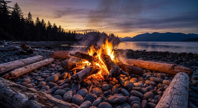 A bright campfire burns on a rocky beach at dusk with mountains with shoreline forest mountains mountains visible under under sunset sky vibrant campfire burns brightly