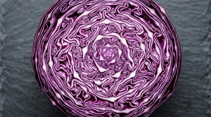Fototapeta premium Top view of a fresh red cabbage half on a dark textured background.