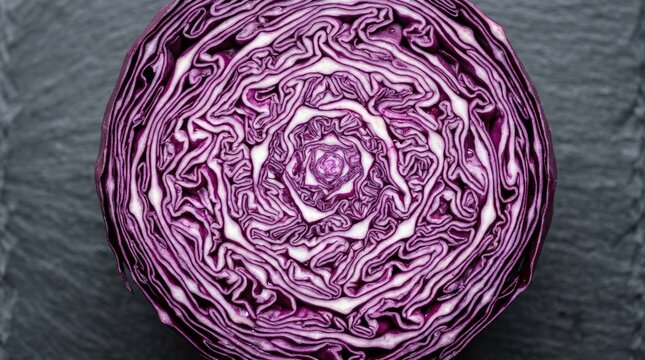 Top view of a fresh red cabbage half on a dark textured background.