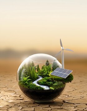 SustainableEcoSystemMiniatureGlobeWithRenewableEnergySources.