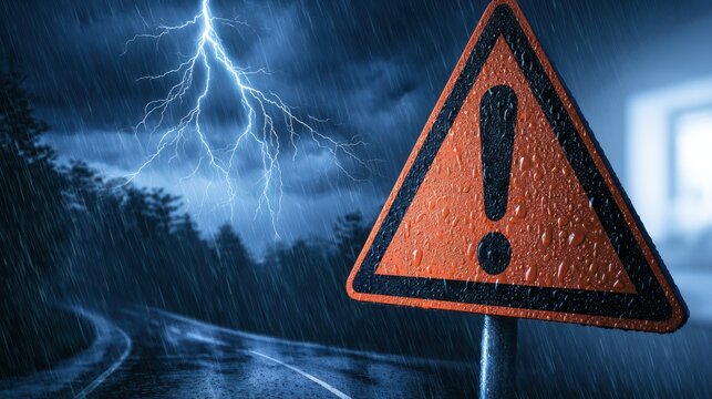 A wet warning sign with an exclamation mark stands by a road during a thunderstorm with lightning striking in the dark, rainy night.