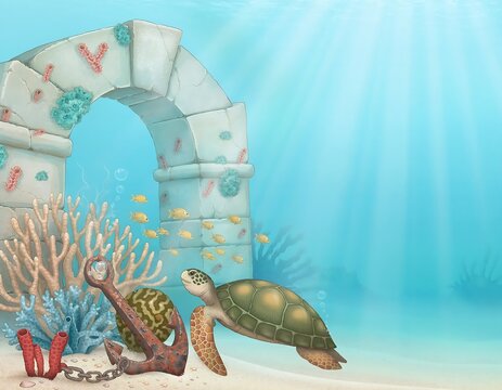 Whimsical underwater scene with sea turtles and coral.