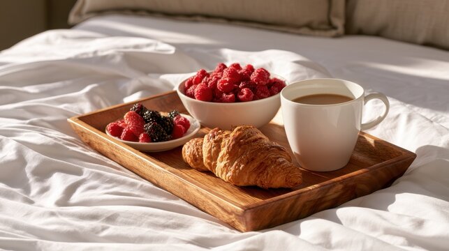 Cozy breakfast tray with fresh raspberries, blackberry, croissant, and cup of coffee on soft white bed linens in warm natural morning light