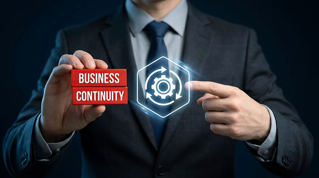 Businessman holding business continuity blocks with process gear icon